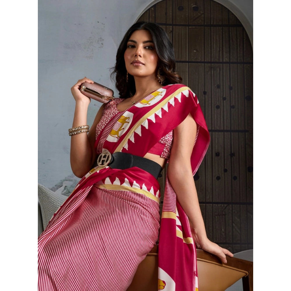 Amfyn Women's Satin Crepe Printed Saree With Unstitched Blouse 5.5Mtr (Red)
