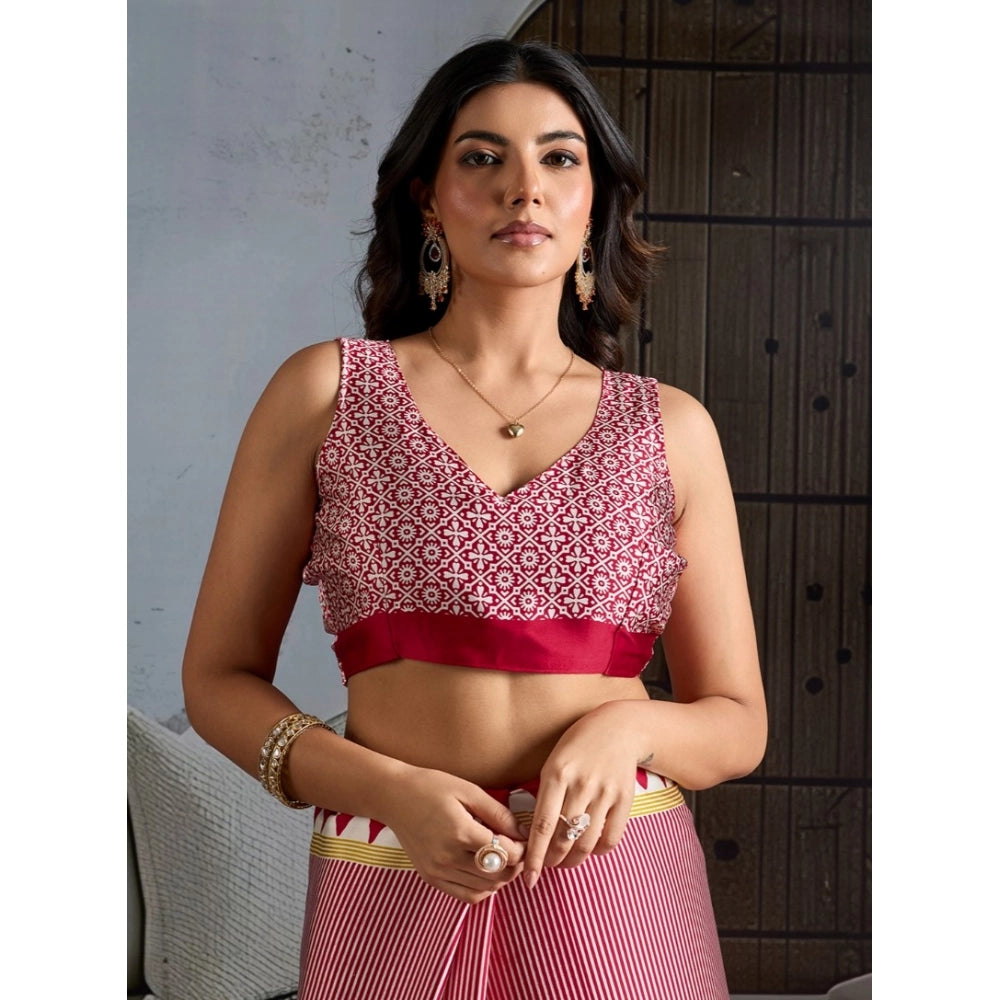 Amfyn Women's Satin Crepe Printed Saree With Unstitched Blouse 5.5Mtr (Red)