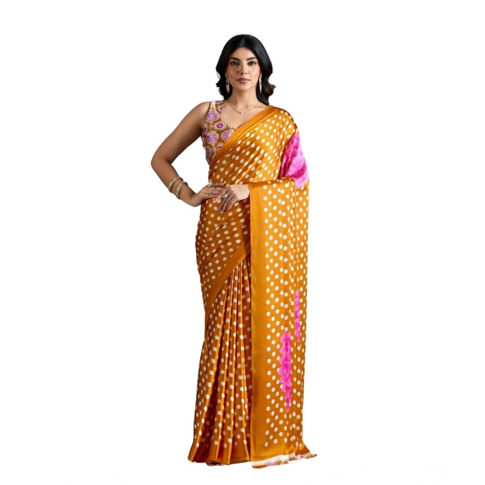 Amfyn Women's Satin Crepe Printed Saree With Unstitched Blouse 5.5Mtr (Mustard)