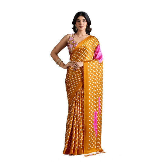 Amfyn Women's Satin Crepe Printed Saree With Unstitched Blouse 5.5Mtr (Mustard)