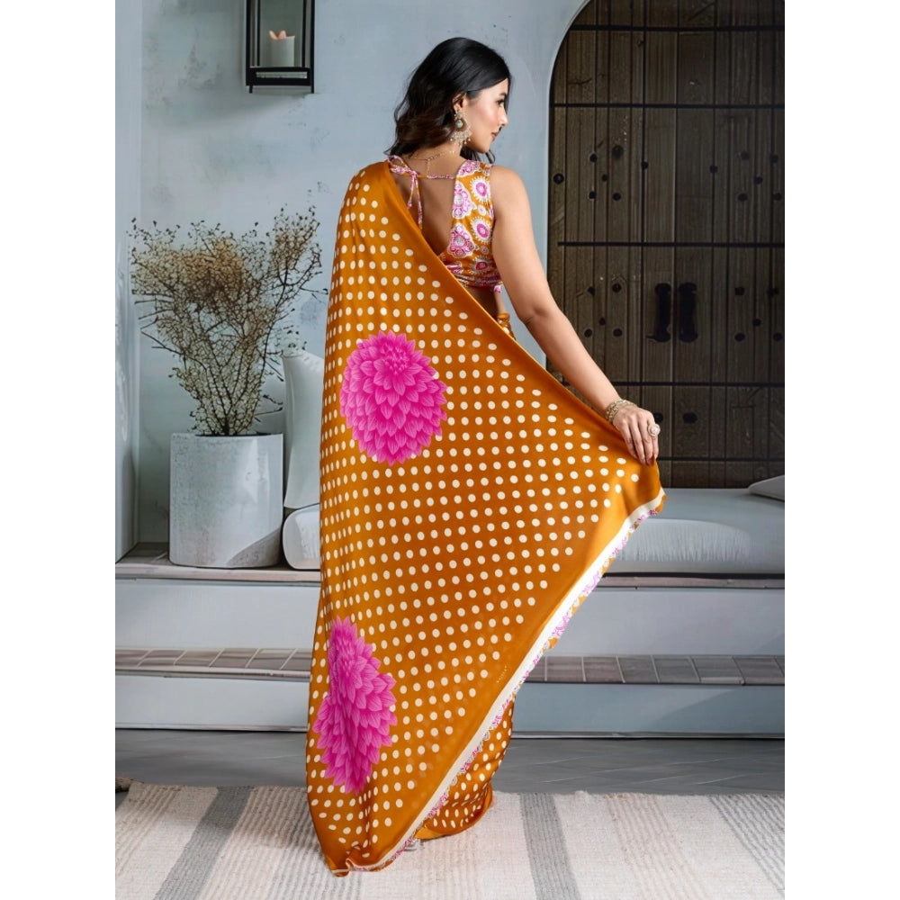Amfyn Women's Satin Crepe Printed Saree With Unstitched Blouse 5.5Mtr (Mustard)
