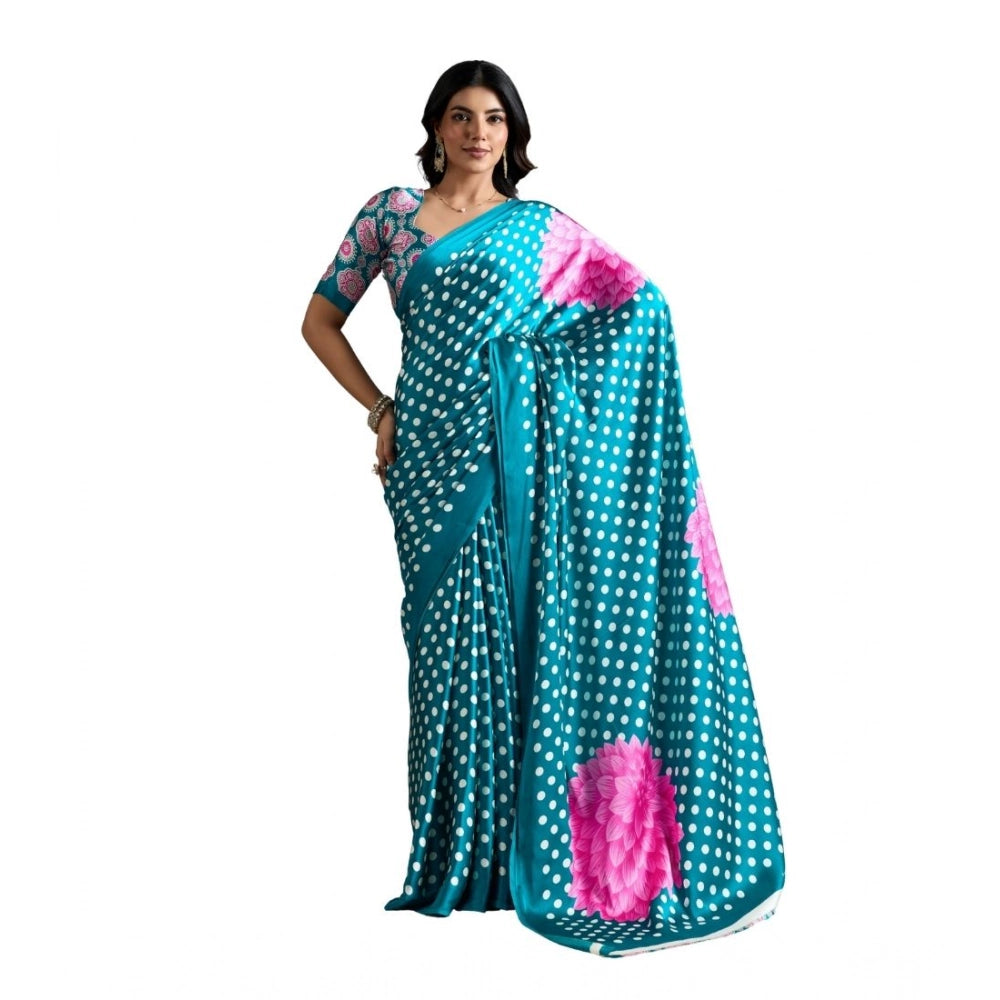 Amfyn Women's Satin Crepe Printed Saree With Unstitched Blouse 5.5Mtr (Sky Blue)