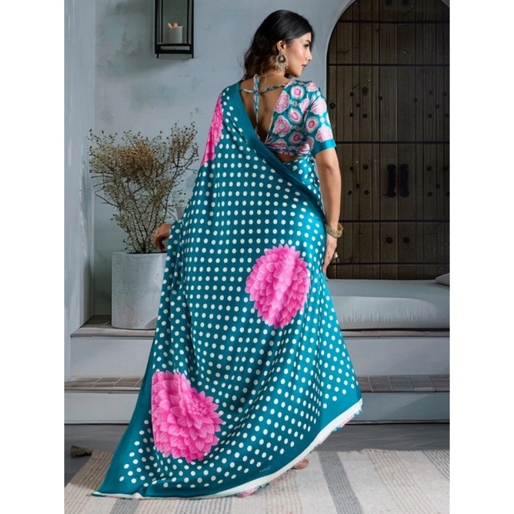 Amfyn Women's Satin Crepe Printed Saree With Unstitched Blouse 5.5Mtr (Sky Blue)