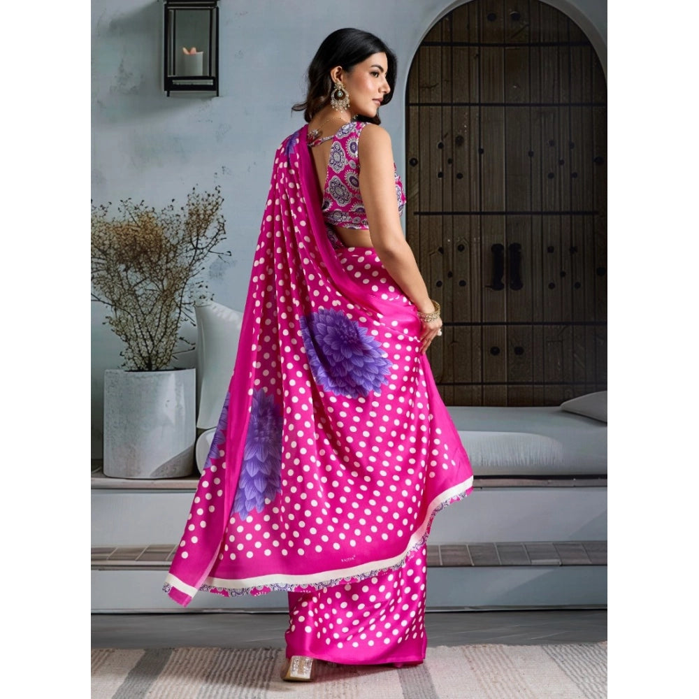 Amfyn Women's Satin Crepe Printed Saree With Unstitched Blouse 5.5Mtr (Pink)