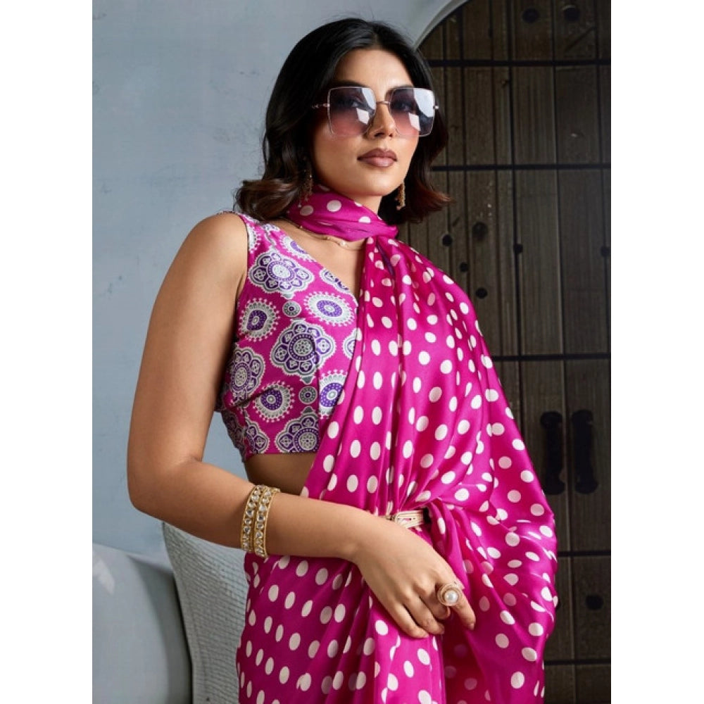 Amfyn Women's Satin Crepe Printed Saree With Unstitched Blouse 5.5Mtr (Pink)