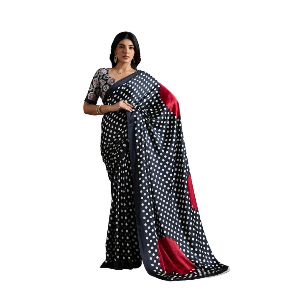 Amfyn Women's Satin Crepe Printed Saree With Unstitched Blouse 5.5Mtr (Black)