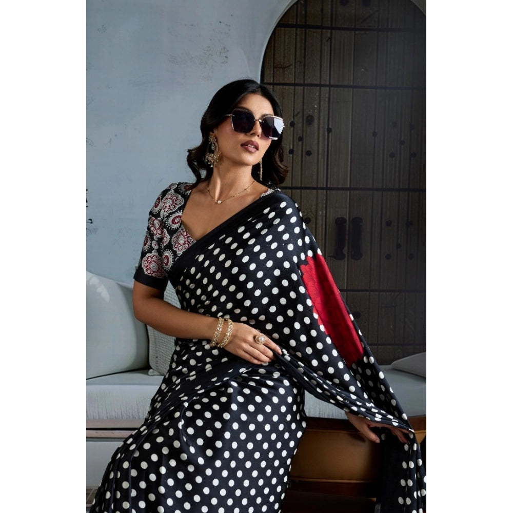 Amfyn Women's Satin Crepe Printed Saree With Unstitched Blouse 5.5Mtr (Black)