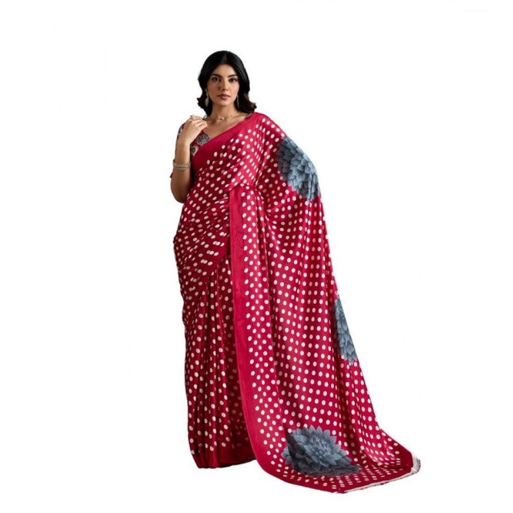 Amfyn Women's Satin Crepe Printed Saree With Unstitched Blouse 5.5Mtr (Red)