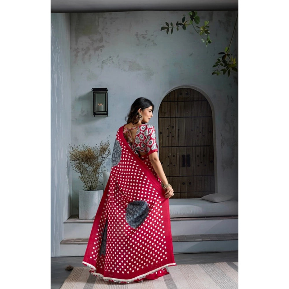 Amfyn Women's Satin Crepe Printed Saree With Unstitched Blouse 5.5Mtr (Red)