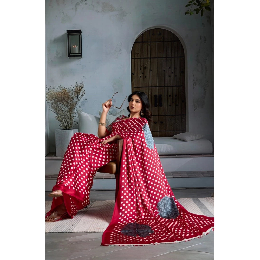 Amfyn Women's Satin Crepe Printed Saree With Unstitched Blouse 5.5Mtr (Red)