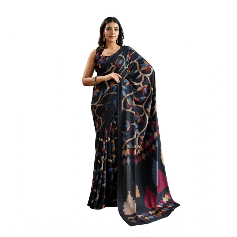 Amfyn Women's Satin Crepe Printed Saree With Unstitched Blouse 5.5Mtr (Black)
