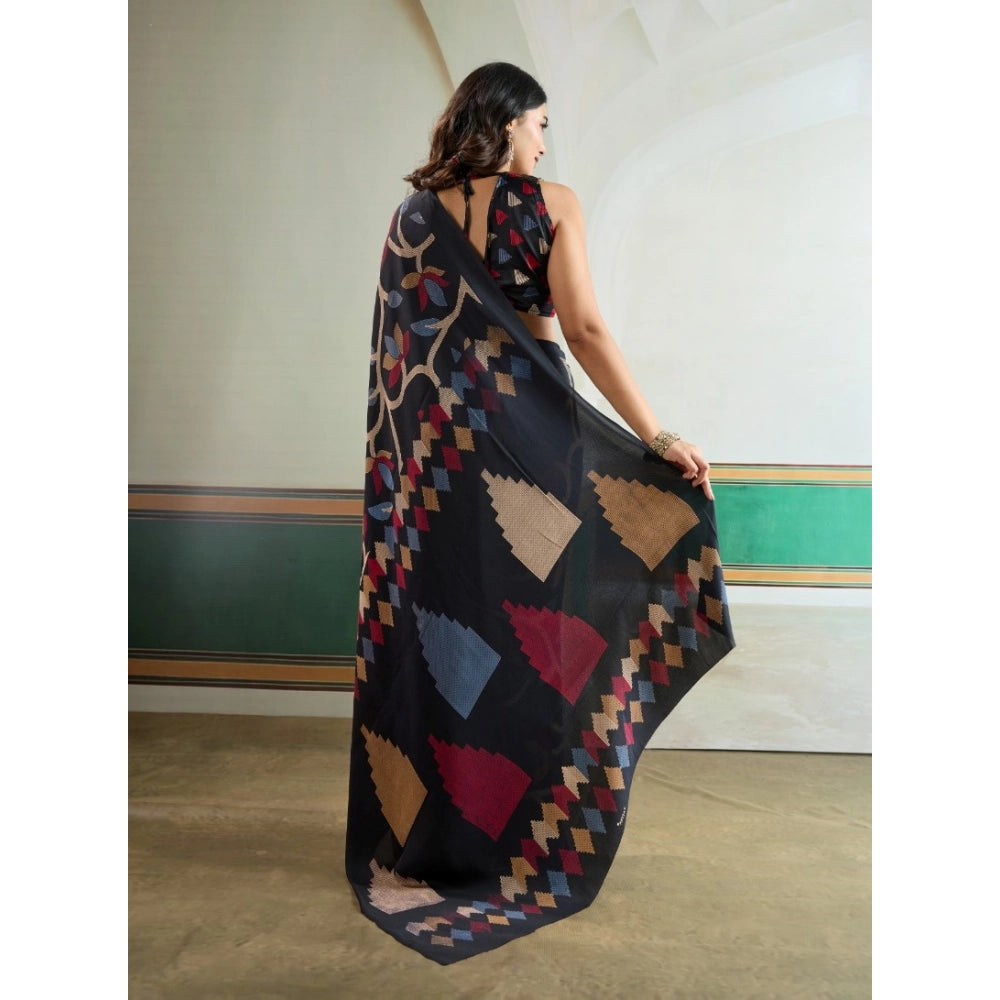 Amfyn Women's Satin Crepe Printed Saree With Unstitched Blouse 5.5Mtr (Black)