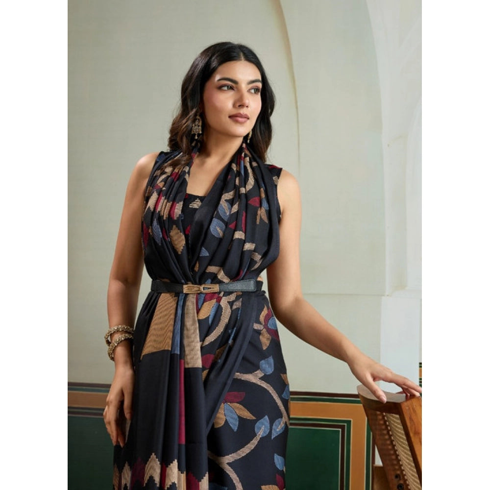 Amfyn Women's Satin Crepe Printed Saree With Unstitched Blouse 5.5Mtr (Black)