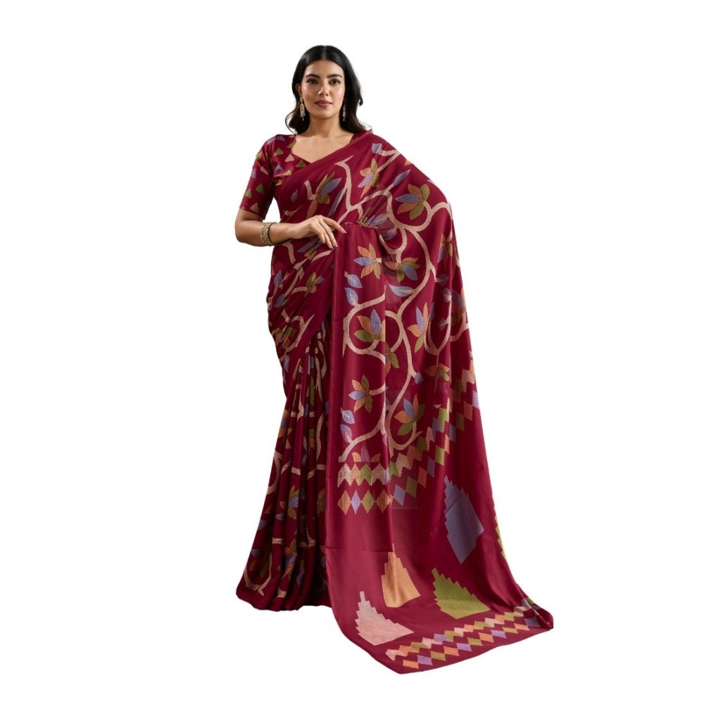 Amfyn Women's Satin Crepe Printed Saree With Unstitched Blouse 5.5Mtr (Maroon)