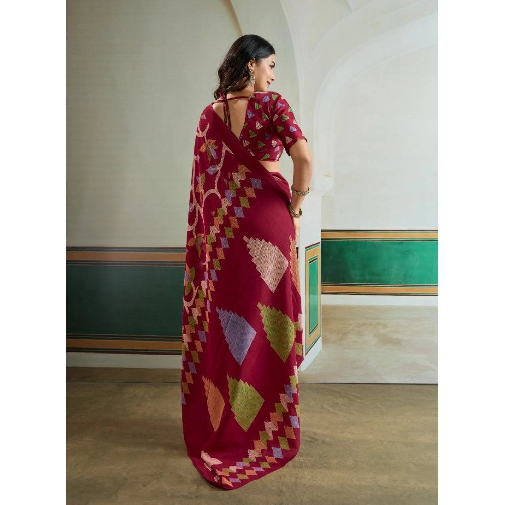 Amfyn Women's Satin Crepe Printed Saree With Unstitched Blouse 5.5Mtr (Maroon)