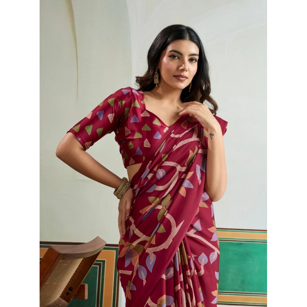 Amfyn Women's Satin Crepe Printed Saree With Unstitched Blouse 5.5Mtr (Maroon)