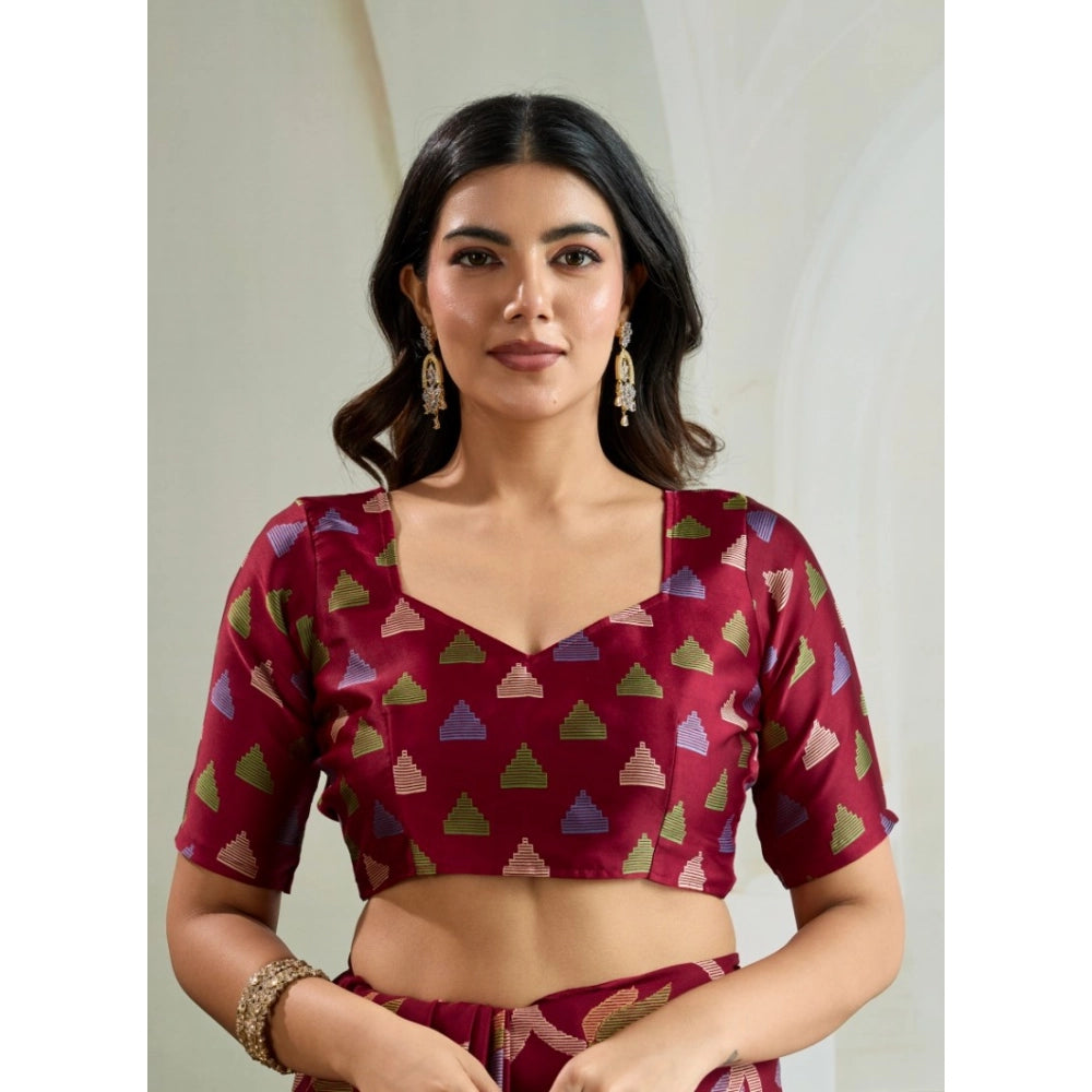 Amfyn Women's Satin Crepe Printed Saree With Unstitched Blouse 5.5Mtr (Maroon)