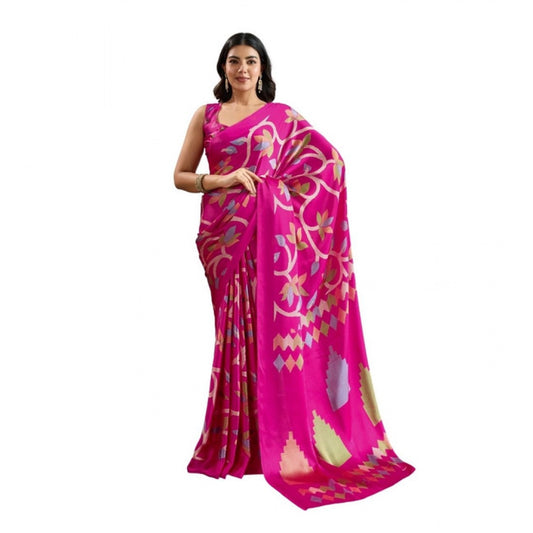 Amfyn Women's Satin Crepe Printed Saree With Unstitched Blouse 5.5Mtr (Pink)