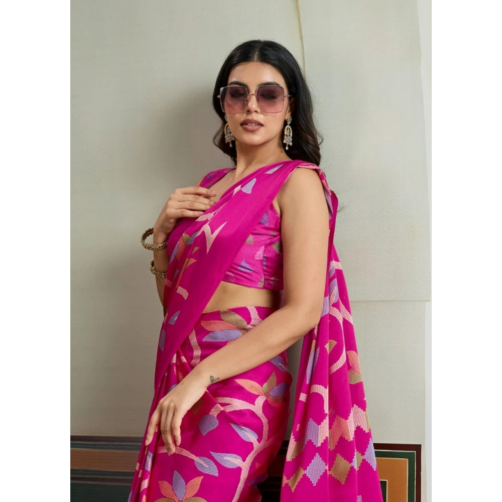 Amfyn Women's Satin Crepe Printed Saree With Unstitched Blouse 5.5Mtr (Pink)