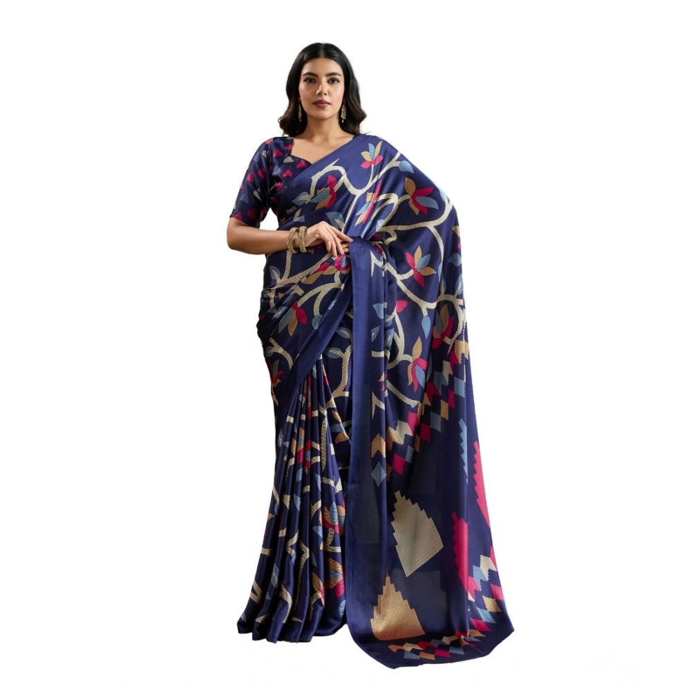 Amfyn Women's Satin Crepe Printed Saree With Unstitched Blouse 5.5Mtr (Navy Blue)