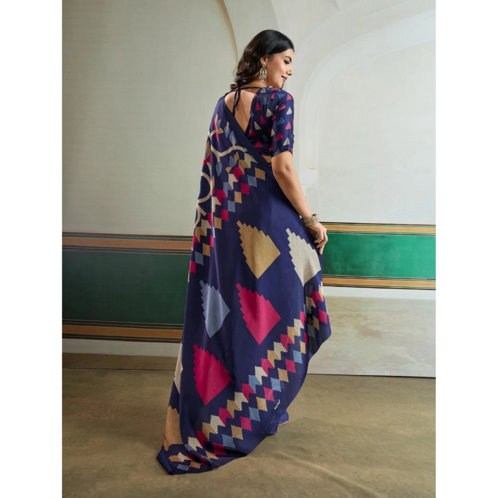 Amfyn Women's Satin Crepe Printed Saree With Unstitched Blouse 5.5Mtr (Navy Blue)