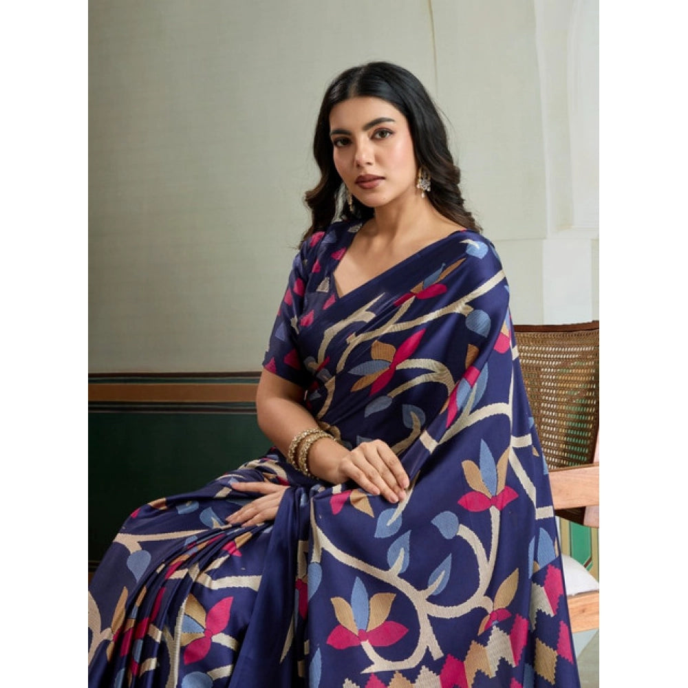 Amfyn Women's Satin Crepe Printed Saree With Unstitched Blouse 5.5Mtr (Navy Blue)