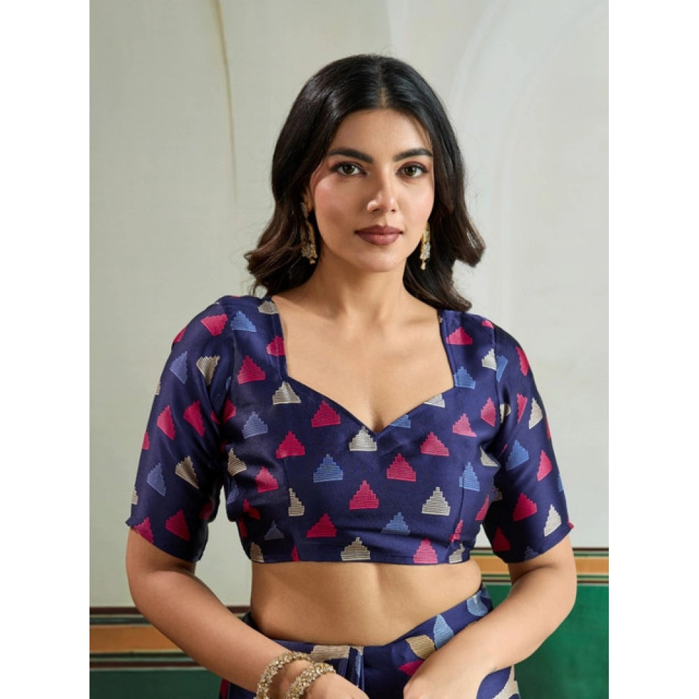Amfyn Women's Satin Crepe Printed Saree With Unstitched Blouse 5.5Mtr (Navy Blue)