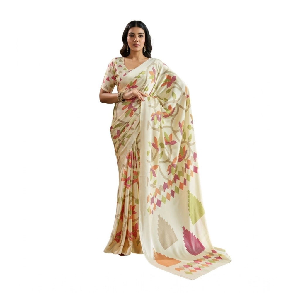 Amfyn Women's Satin Crepe Printed Saree With Unstitched Blouse 5.5Mtr (Off White)