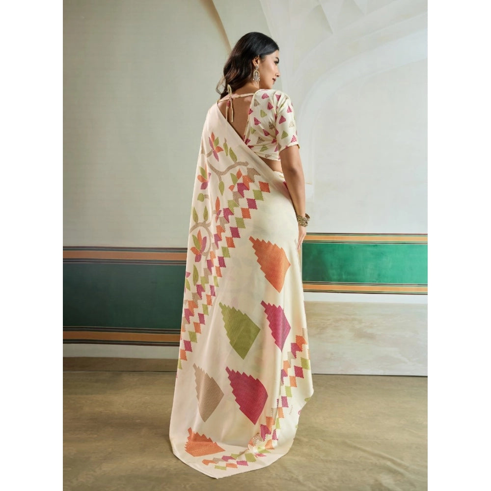 Amfyn Women's Satin Crepe Printed Saree With Unstitched Blouse 5.5Mtr (Off White)