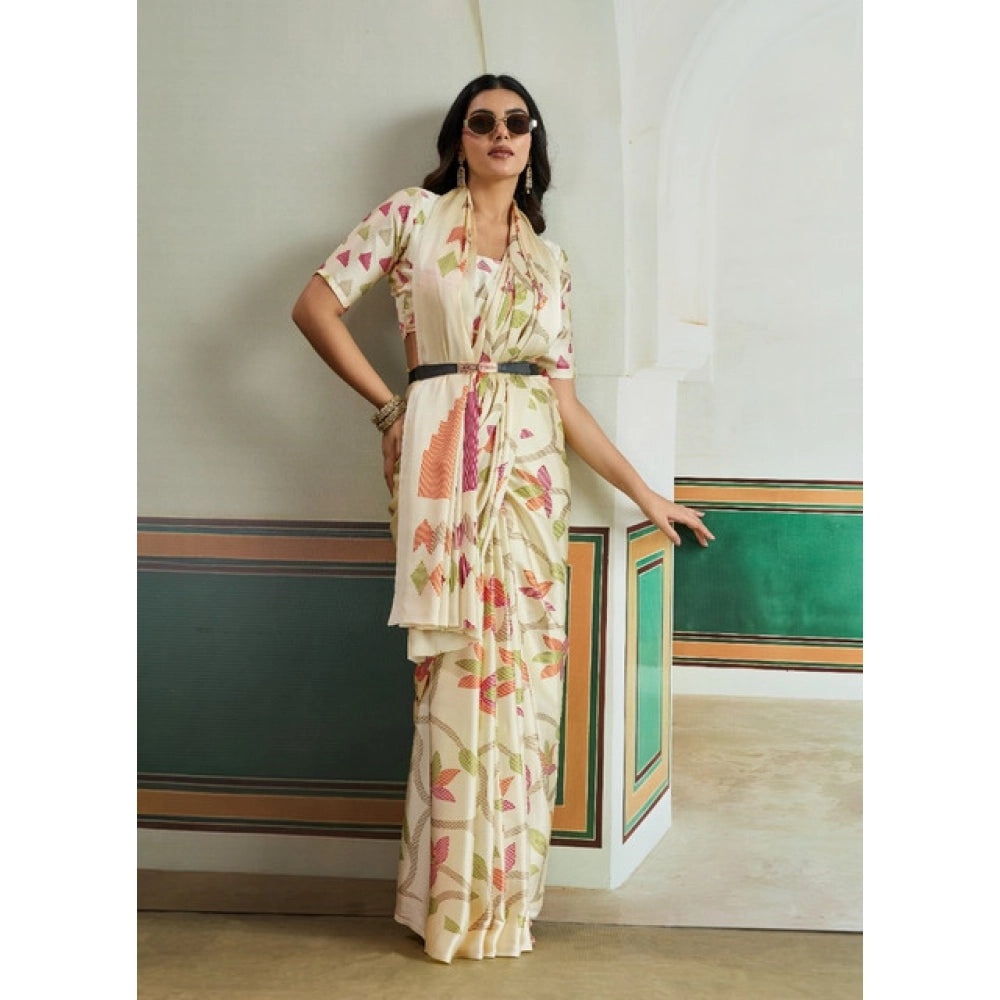 Amfyn Women's Satin Crepe Printed Saree With Unstitched Blouse 5.5Mtr (Off White)