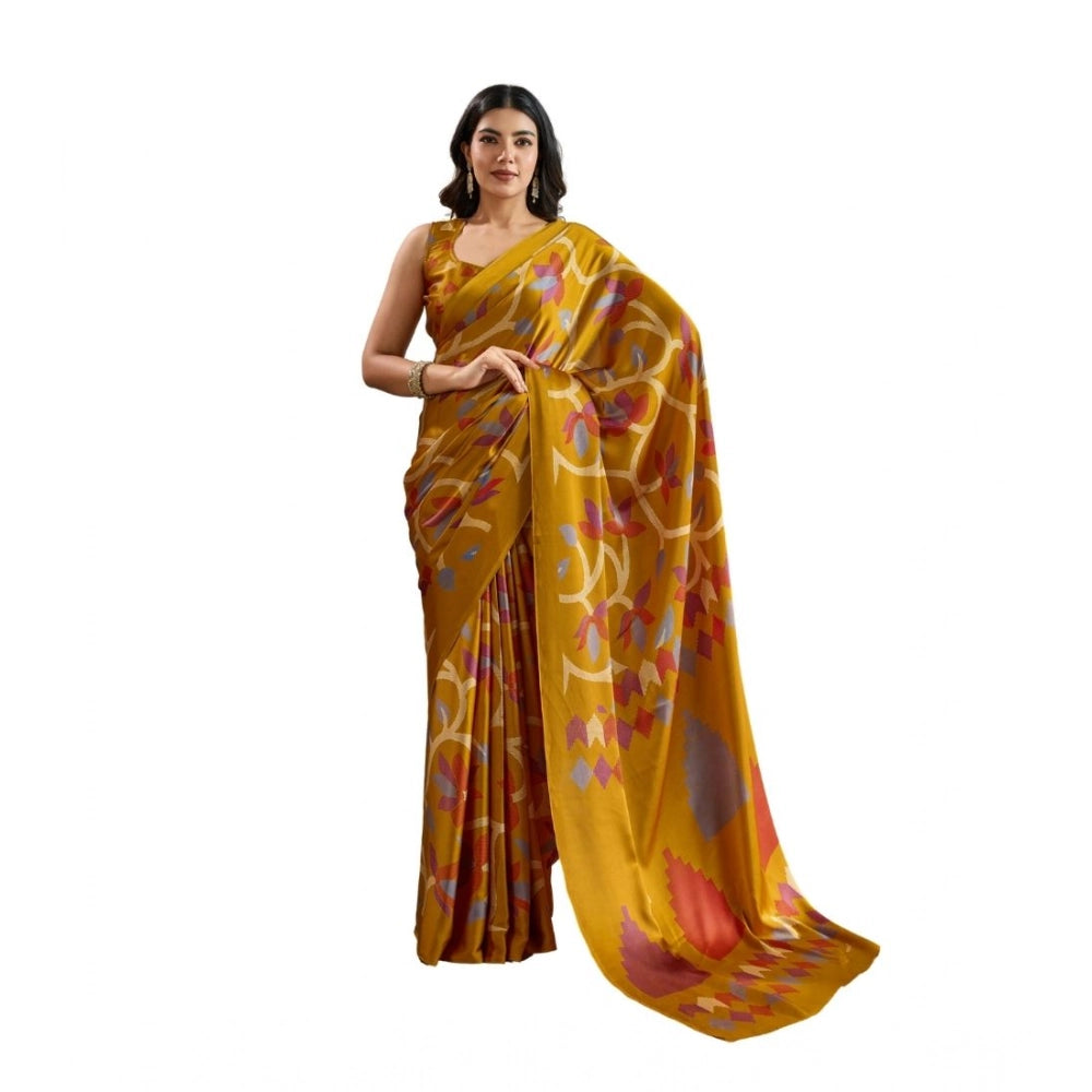 Amfyn Women's Satin Crepe Printed Saree With Unstitched Blouse 5.5Mtr (Mustard)