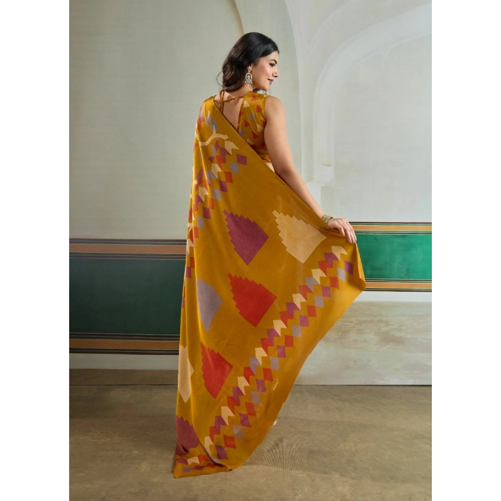 Amfyn Women's Satin Crepe Printed Saree With Unstitched Blouse 5.5Mtr (Mustard)