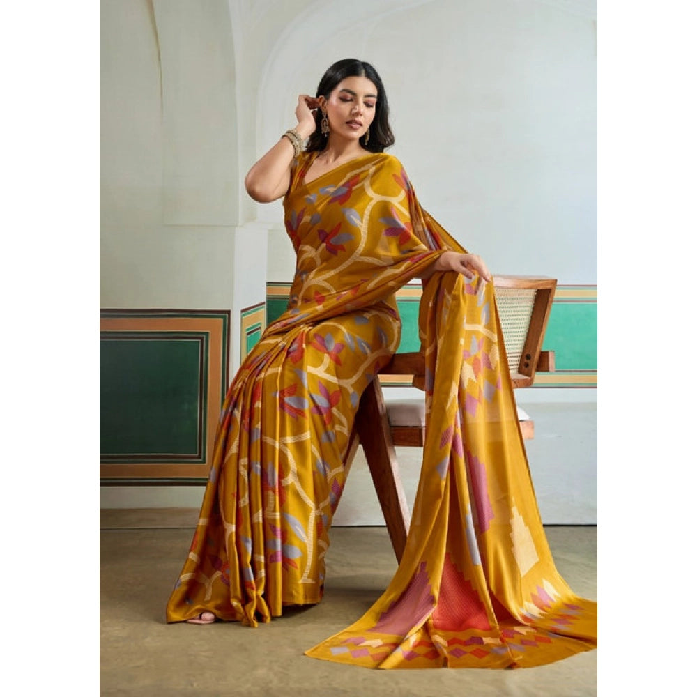 Amfyn Women's Satin Crepe Printed Saree With Unstitched Blouse 5.5Mtr (Mustard)