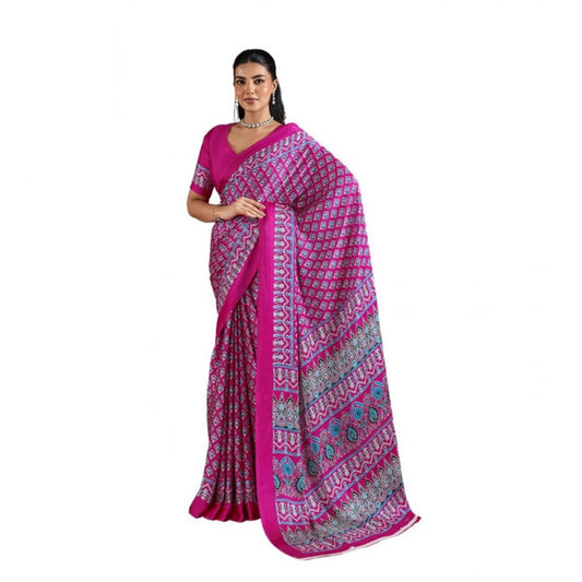 Amfyn Women's Satin Crepe Printed Saree With Unstitched Blouse 5.5Mtr (Pink)