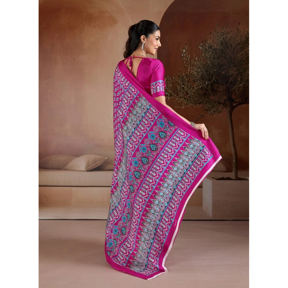 Amfyn Women's Satin Crepe Printed Saree With Unstitched Blouse 5.5Mtr (Pink)