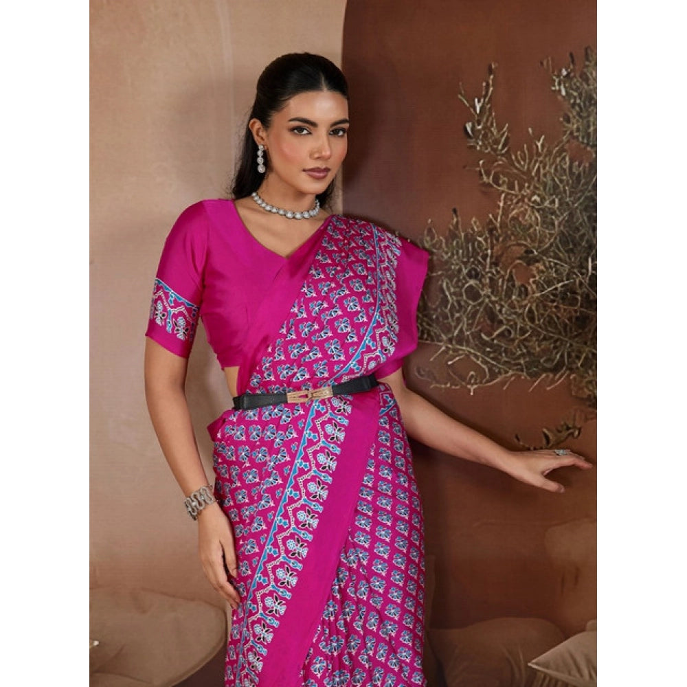 Amfyn Women's Satin Crepe Printed Saree With Unstitched Blouse 5.5Mtr (Pink)