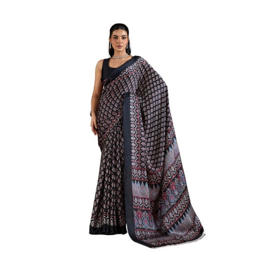Amfyn Women's Satin Crepe Printed Saree With Unstitched Blouse 5.5Mtr (Black)