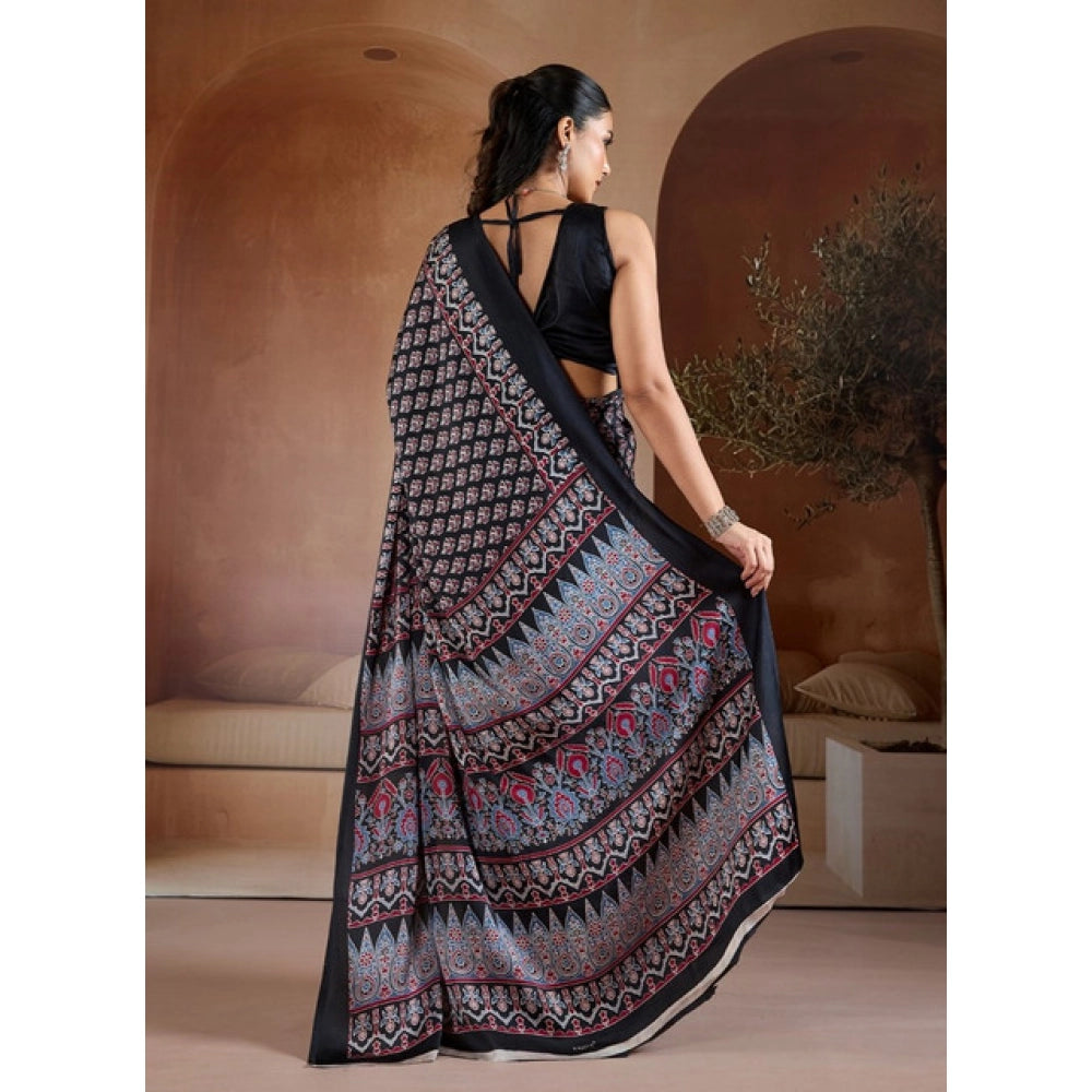 Amfyn Women's Satin Crepe Printed Saree With Unstitched Blouse 5.5Mtr (Black)