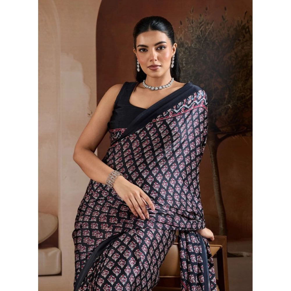 Amfyn Women's Satin Crepe Printed Saree With Unstitched Blouse 5.5Mtr (Black)