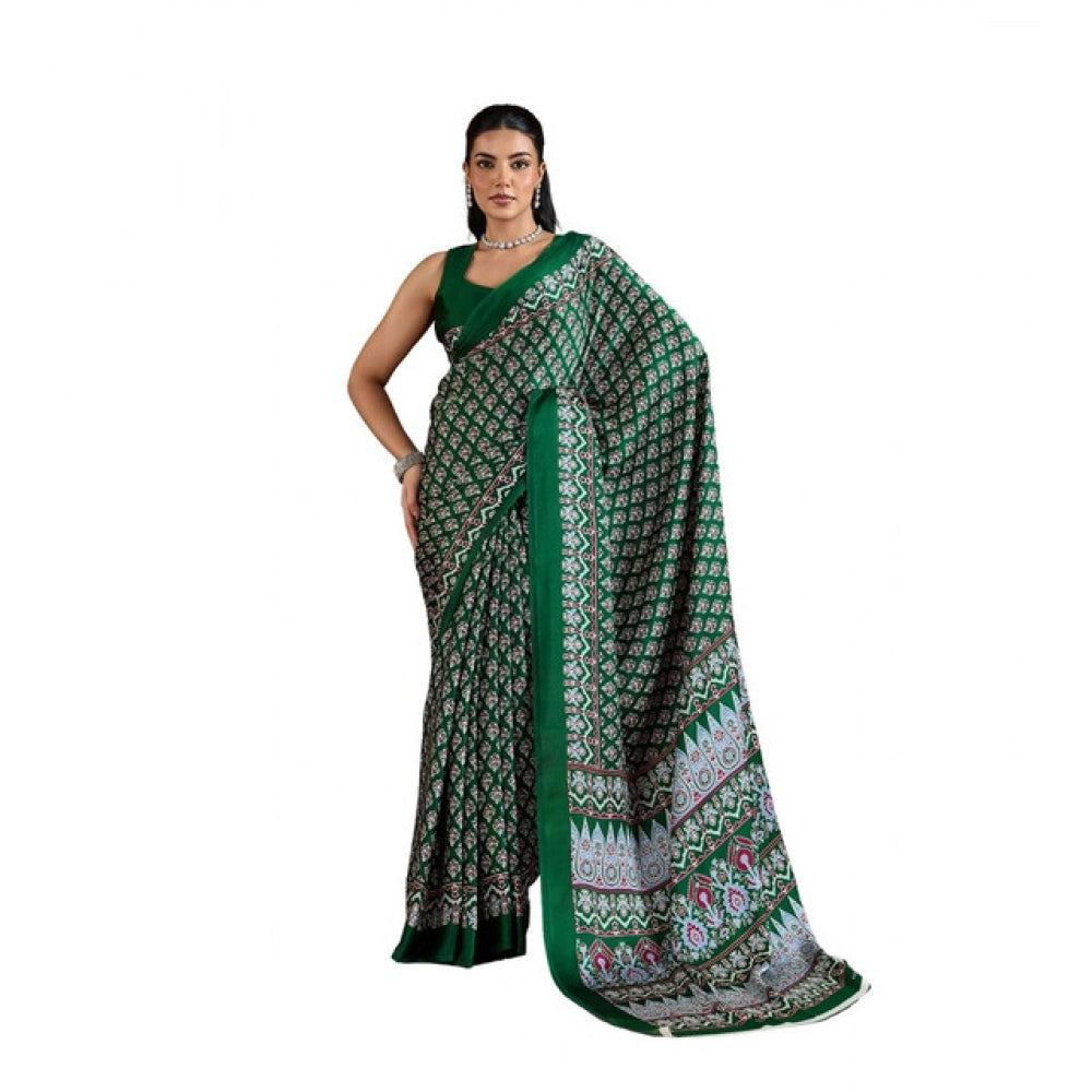 Amfyn Women's Satin Crepe Printed Saree With Unstitched Blouse 5.5Mtr (Green)