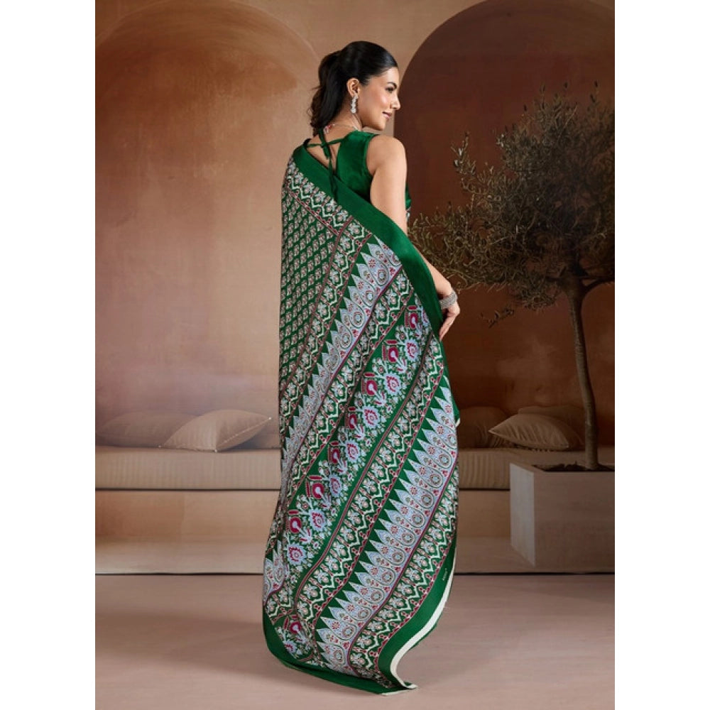 Amfyn Women's Satin Crepe Printed Saree With Unstitched Blouse 5.5Mtr (Green)