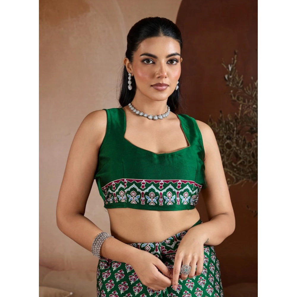 Amfyn Women's Satin Crepe Printed Saree With Unstitched Blouse 5.5Mtr (Green)