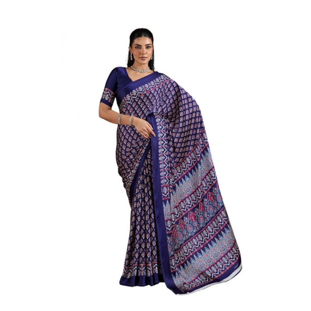Amfyn Women's Satin Crepe Printed Saree With Unstitched Blouse 5.5Mtr (Navy Blue)