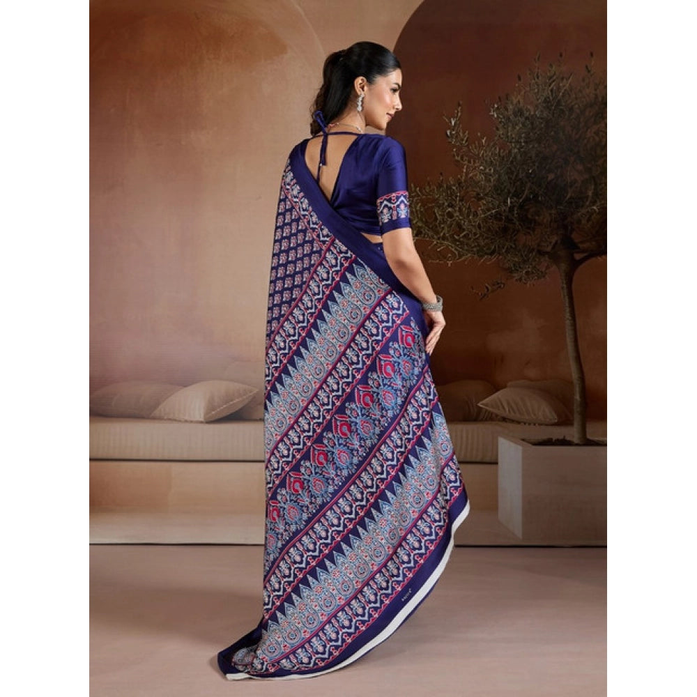 Amfyn Women's Satin Crepe Printed Saree With Unstitched Blouse 5.5Mtr (Navy Blue)