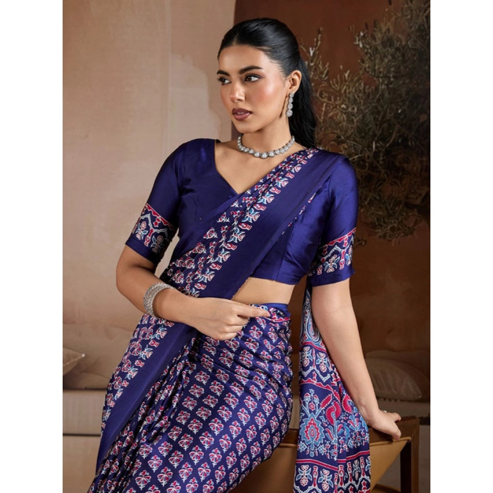 Amfyn Women's Satin Crepe Printed Saree With Unstitched Blouse 5.5Mtr (Navy Blue)