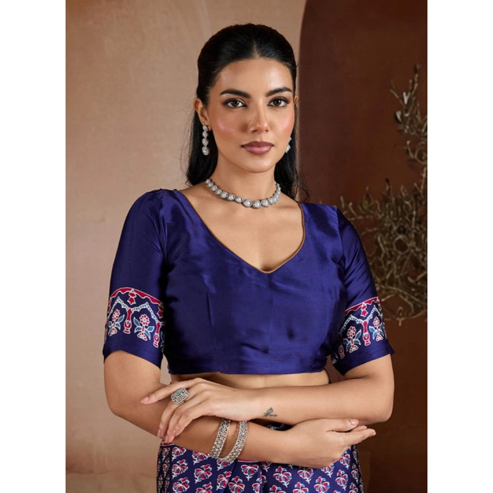 Amfyn Women's Satin Crepe Printed Saree With Unstitched Blouse 5.5Mtr (Navy Blue)