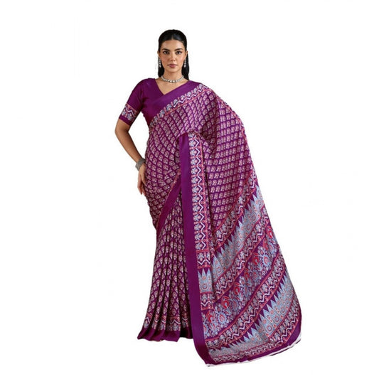 Amfyn Women's Satin Crepe Printed Saree With Unstitched Blouse 5.5Mtr (Purple)