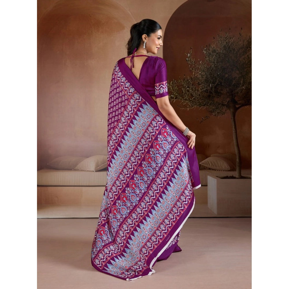 Amfyn Women's Satin Crepe Printed Saree With Unstitched Blouse 5.5Mtr (Purple)