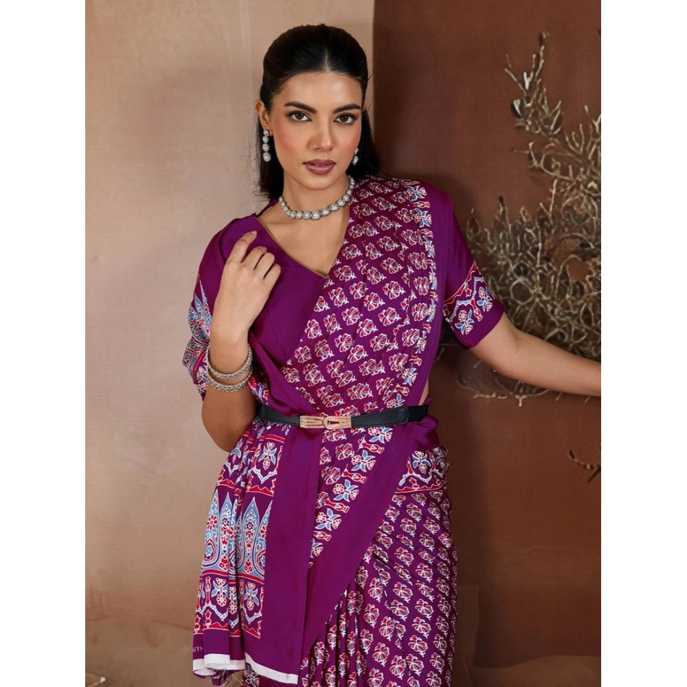 Amfyn Women's Satin Crepe Printed Saree With Unstitched Blouse 5.5Mtr (Purple)