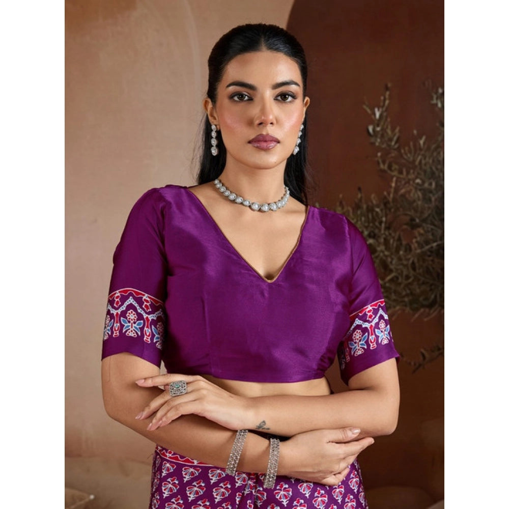 Amfyn Women's Satin Crepe Printed Saree With Unstitched Blouse 5.5Mtr (Purple)